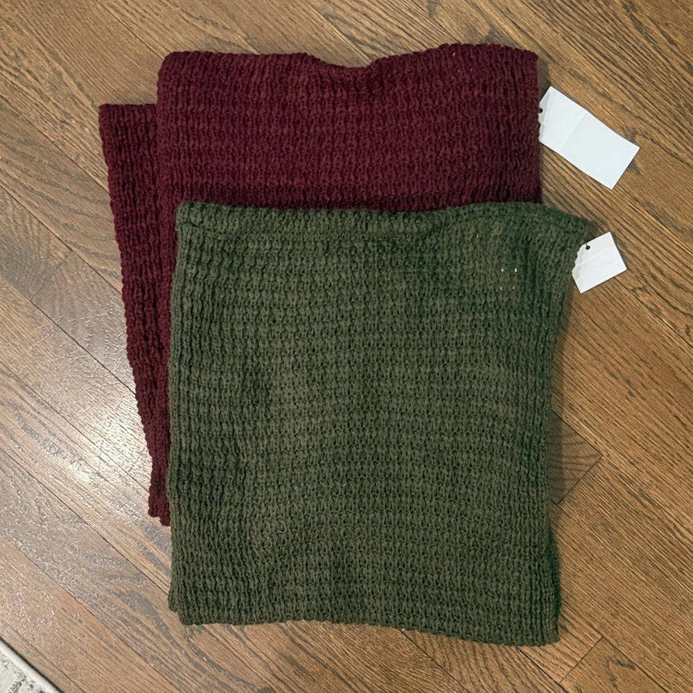 Burgundy and Green Knit Scarves